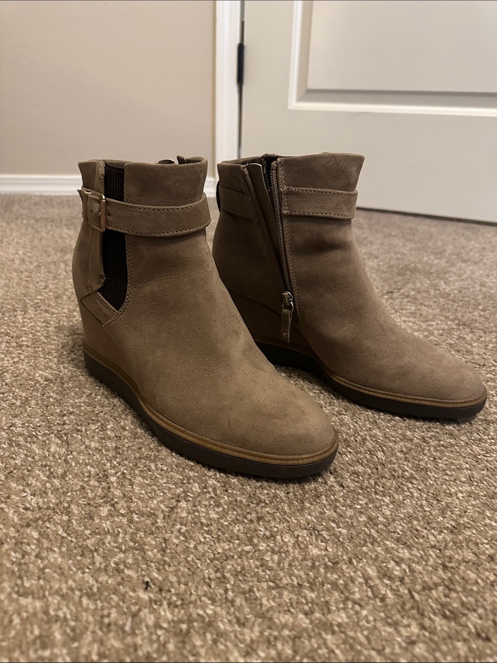 Dr. Scholl's Taupe Suede Wedge Ankle Boots with Buckle